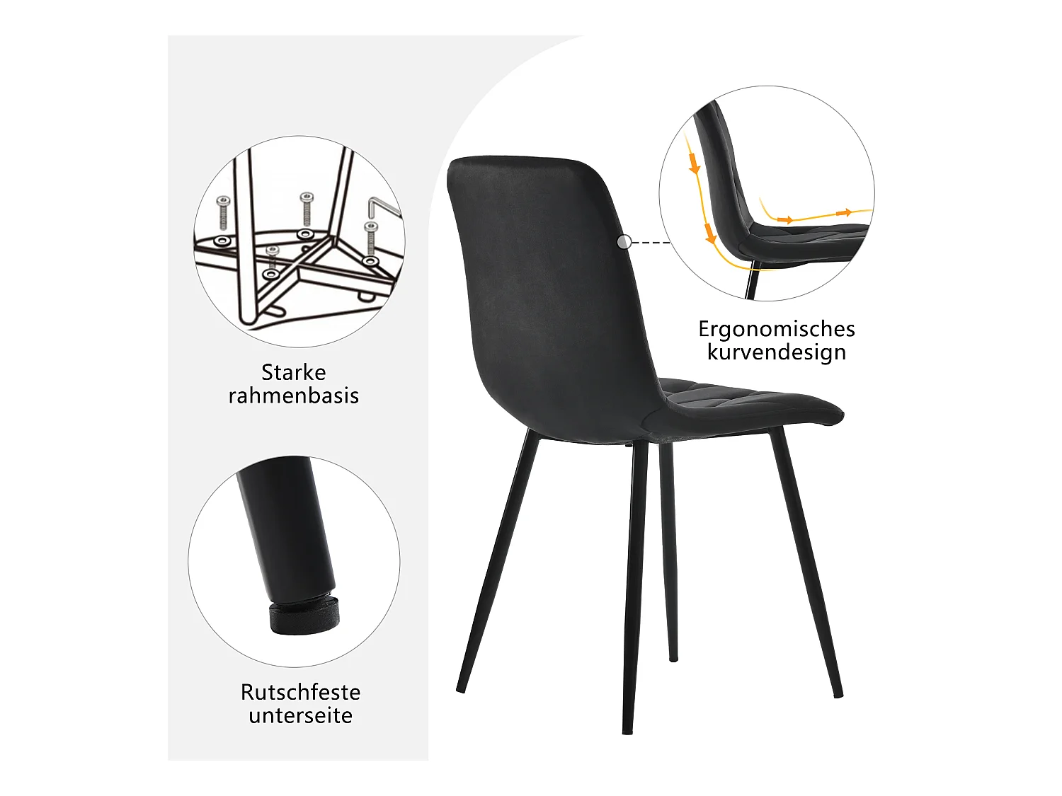 Juego de 4 sillas de comedor, color negro, diseño de silla tapizada, terciopelo sarga, con respaldo, patas de metal