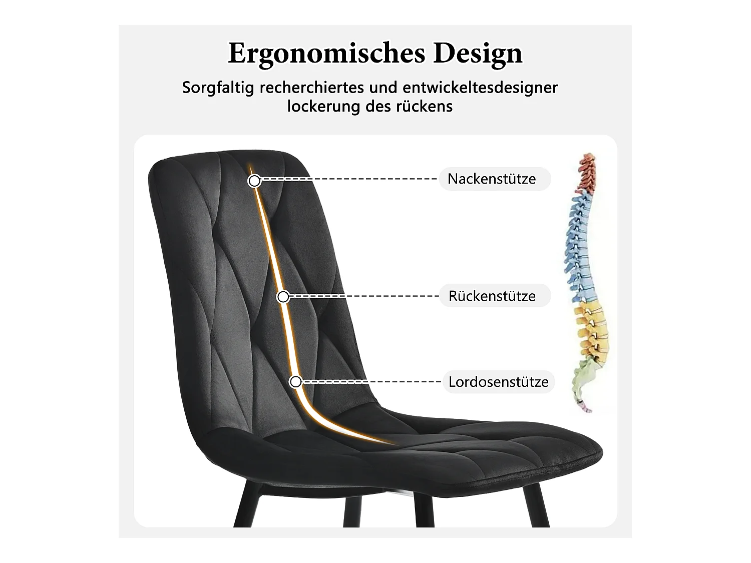 Ensemble de 4 chaises de salle à manger, noires, design de chaise rembourrée, velours sergé, avec dossier, pieds en métal