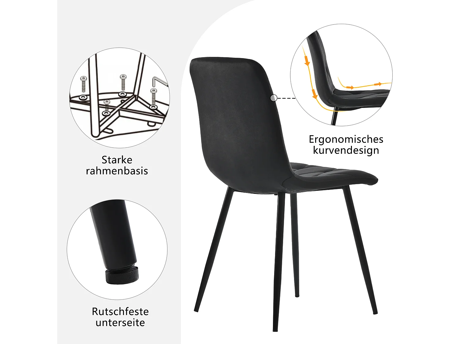 Eetkamerstoelset van 4, zwart, gestoffeerd stoelontwerp, keperfluweel, met rugleuning, metalen poten