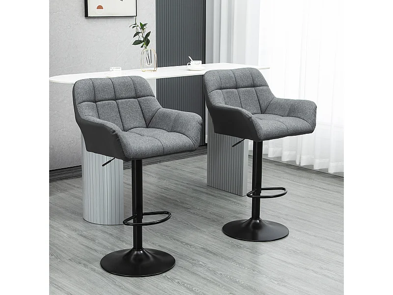 Lot de 2 tabourets de bar, réglables en hauteur, rotatifs à 360°, avec dossier et repose-pieds, aspect lin, jusqu'à 120 kg, gris