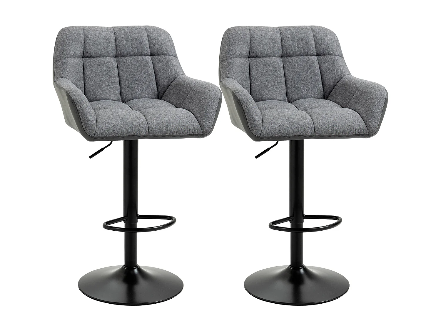 Lot de 2 tabourets de bar, réglables en hauteur, rotatifs à 360°, avec dossier et repose-pieds, aspect lin, jusqu'à 120 kg, gris
