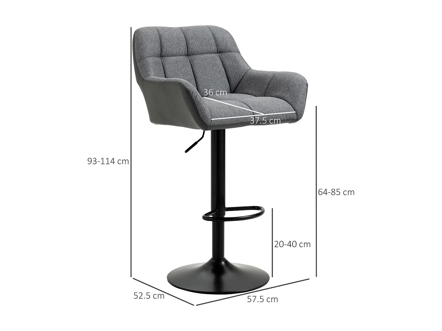 Lot de 2 tabourets de bar, réglables en hauteur, rotatifs à 360°, avec dossier et repose-pieds, aspect lin, jusqu'à 120 kg, gris