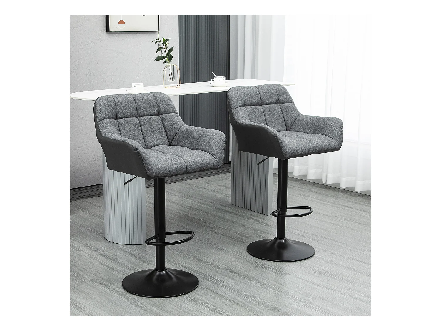 Lot de 2 tabourets de bar, réglables en hauteur, rotatifs à 360°, avec dossier et repose-pieds, aspect lin, jusqu'à 120 kg, gris