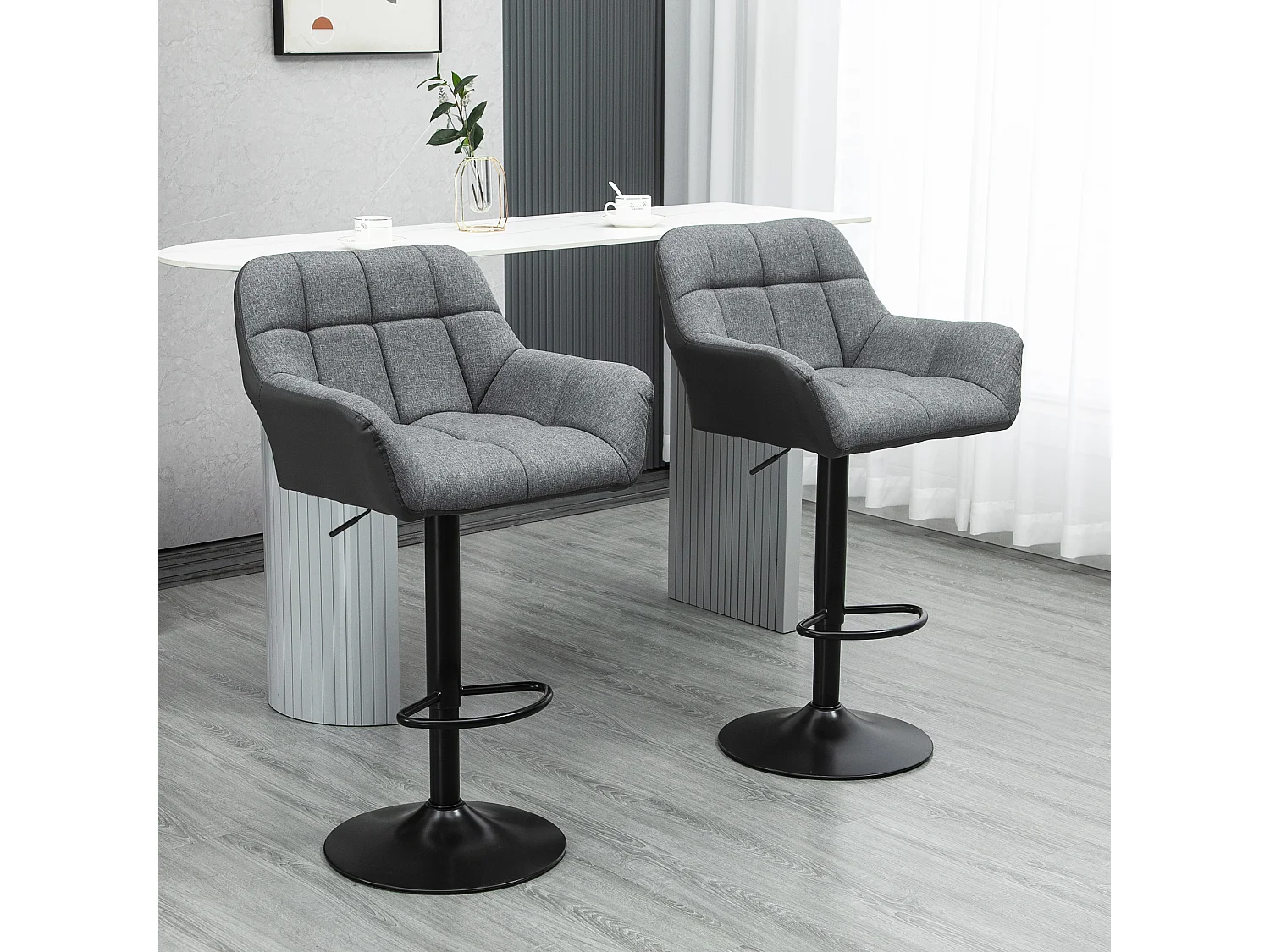 Set di 2 sgabelli da bar, regolabili in altezza, girevoli a 360°, con schienale e poggiapiedi, effetto lino, fino a 120 kg, grigio