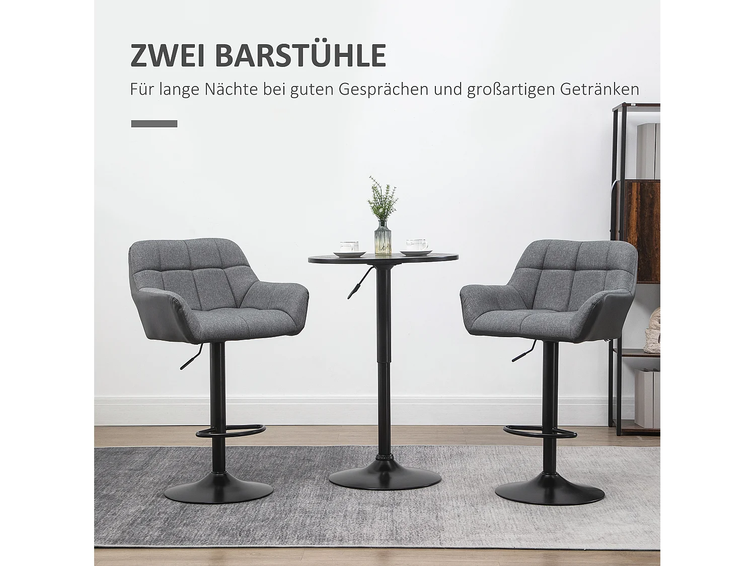 Set di 2 sgabelli da bar, regolabili in altezza, girevoli a 360°, con schienale e poggiapiedi, effetto lino, fino a 120 kg, grigio