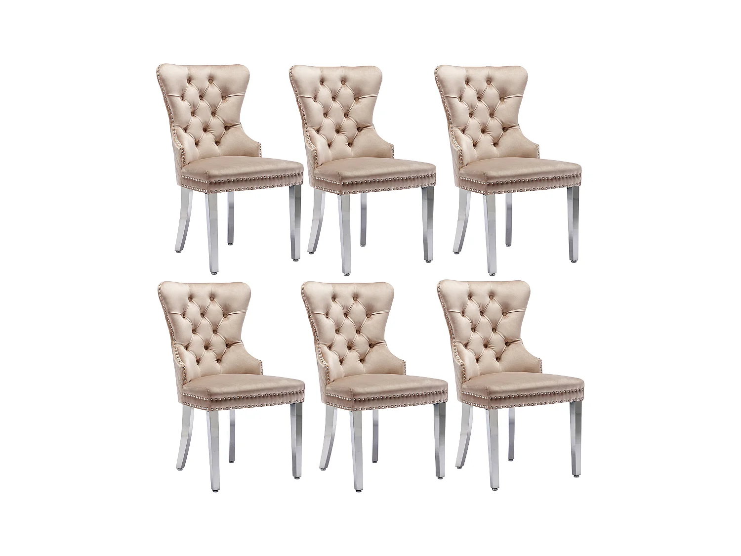 Juego de 6 sillas de comedor, tapizadas con ribete de tachuelas, patas de soporte de metal, tapizado de terciopelo, color beige, con diseño de llamador de puerta.
