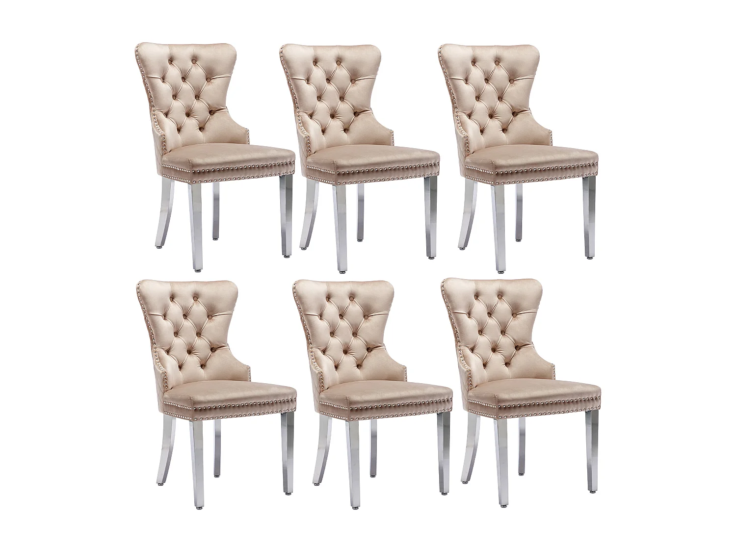 Set di 6 sedie da pranzo, rivestite con finiture a borchie, gambe di supporto in metallo, rivestimento in velluto, beige, con design a batacchio.