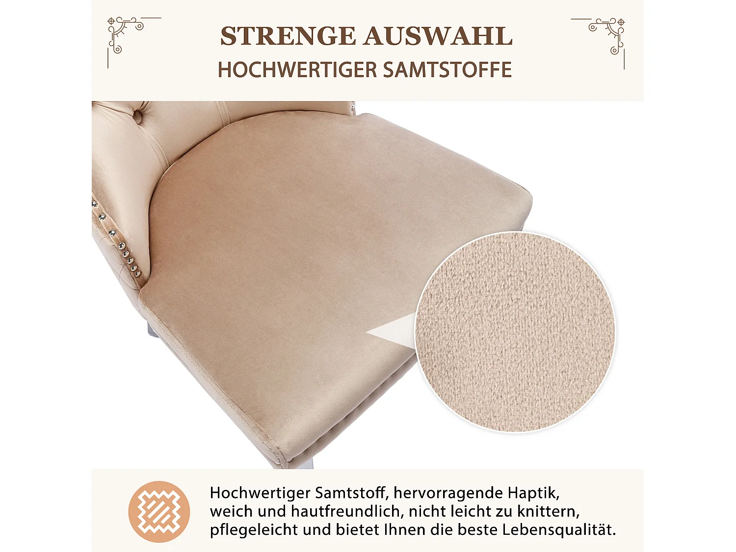 Set di 6 sedie da pranzo, rivestite con finiture a borchie, gambe di supporto in metallo, rivestimento in velluto, beige, con design a batacchio.