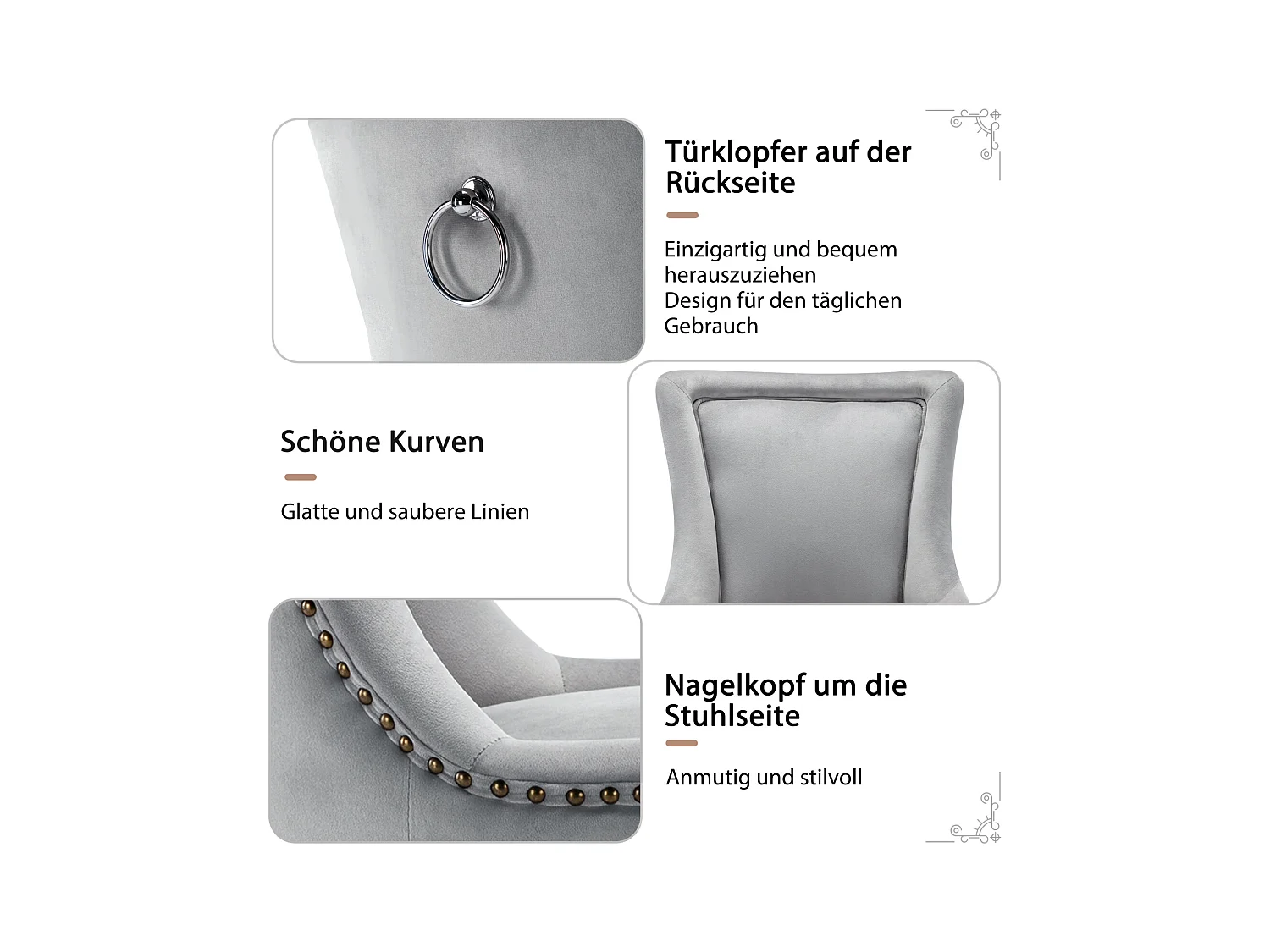 Eetkamerstoelset van 2, gestoffeerde stoel met spijkerkopafwerking, poten van massief hout, fluwelen bekleding, grijs