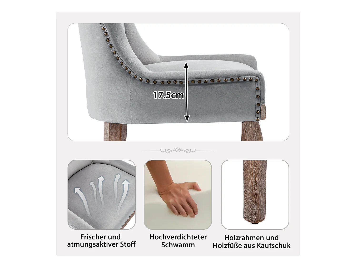 Eetkamerstoelset van 2, gestoffeerde stoel met spijkerkopafwerking, poten van massief hout, fluwelen bekleding, grijs