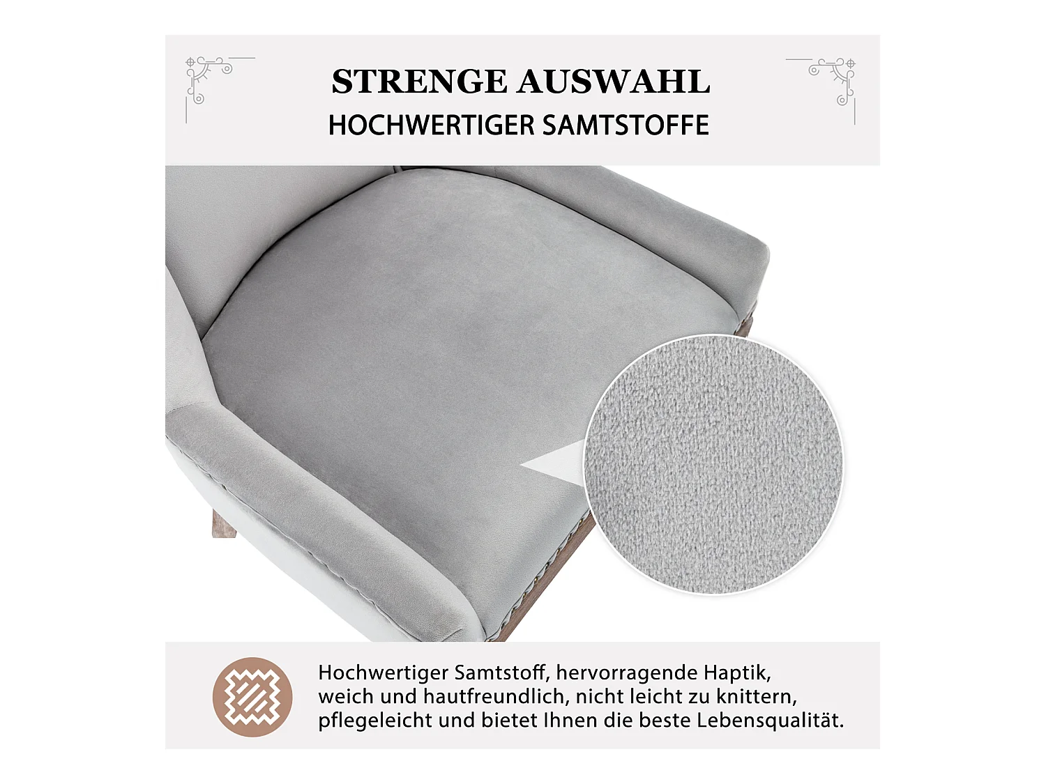 Eetkamerstoelset van 2, gestoffeerde stoel met spijkerkopafwerking, poten van massief hout, fluwelen bekleding, grijs