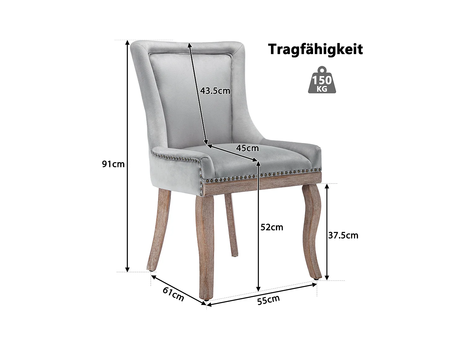 Eetkamerstoelset van 2, gestoffeerde stoel met spijkerkopafwerking, poten van massief hout, fluwelen bekleding, grijs