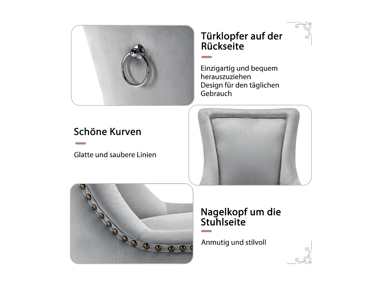 Eetkamerstoelset van 2, gestoffeerde stoel met spijkerkopafwerking, poten van massief hout, fluwelen bekleding, grijs