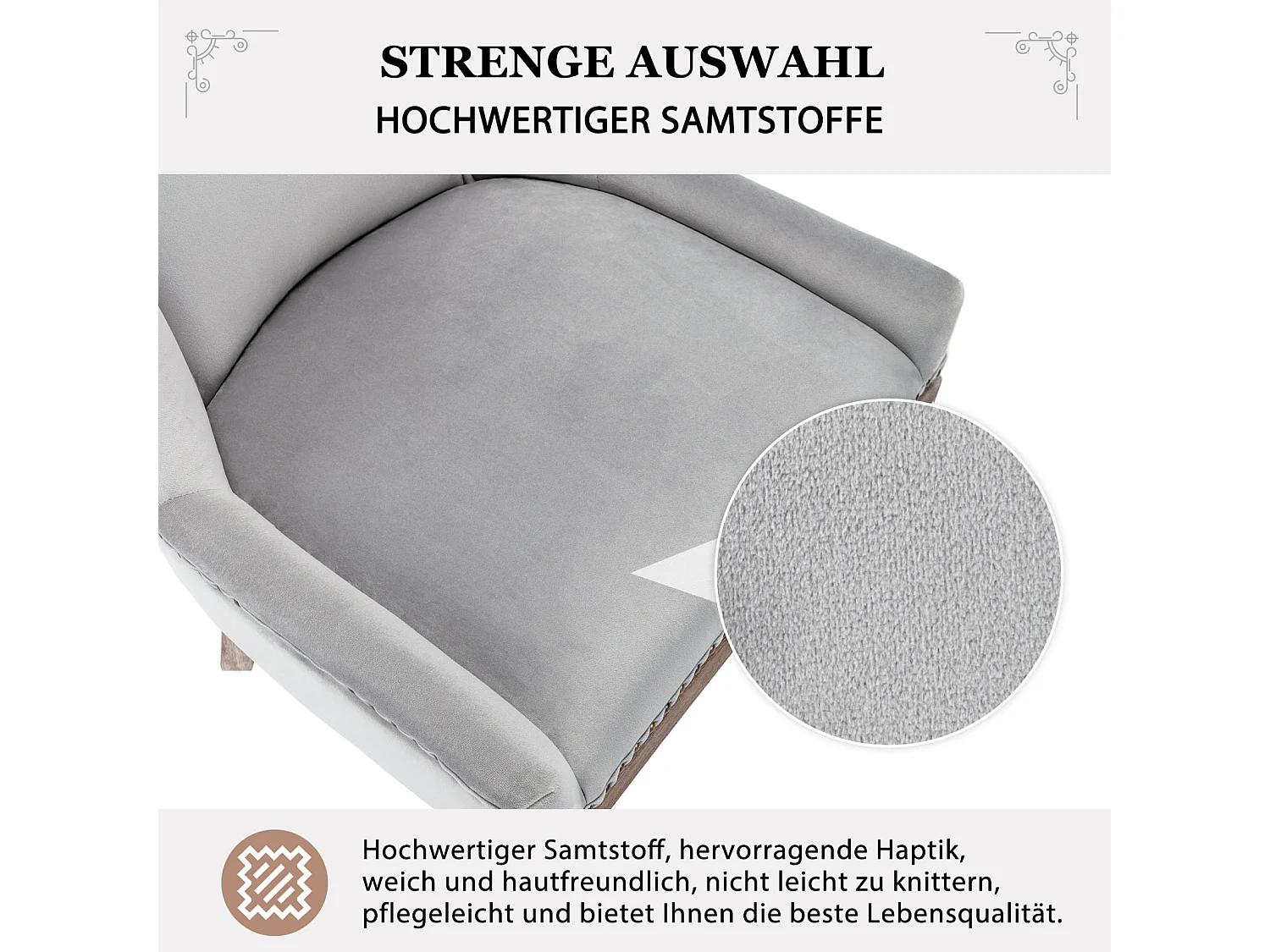 Eetkamerstoelset van 2, gestoffeerde stoel met spijkerkopafwerking, poten van massief hout, fluwelen bekleding, grijs