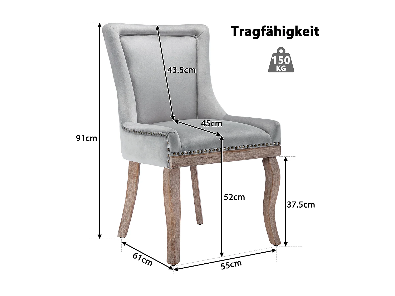 Eetkamerstoelset van 2, gestoffeerde stoel met spijkerkopafwerking, poten van massief hout, fluwelen bekleding, grijs