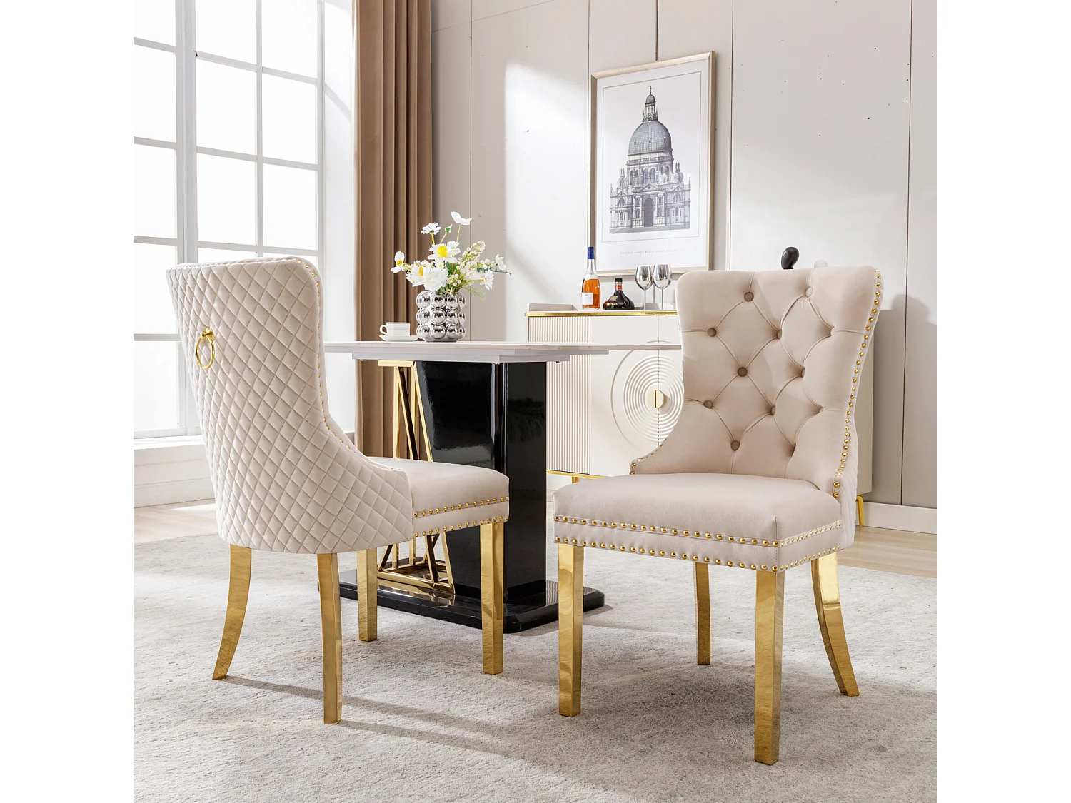 Esszimmerstuhl 2er-Set, Polsterstuhl mit Nagelkopfbesatz, Stützbeine aus vergoldetem Edelstahl, Samtbezug, Beige/Gold, mit Türklopfer-Design