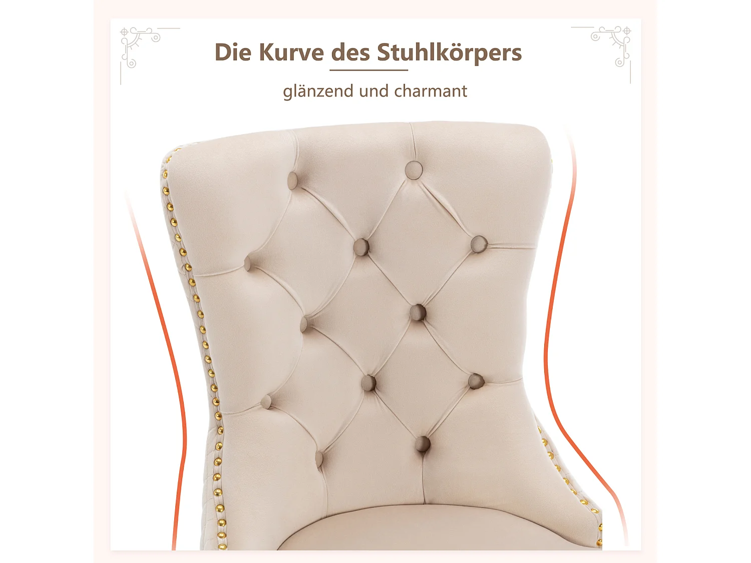 Set di 2 sedie da pranzo, rivestite con dettagli a borchie, gambe in acciaio inossidabile placcato oro, rivestimento in velluto, beige/oro, con design a batacchio.