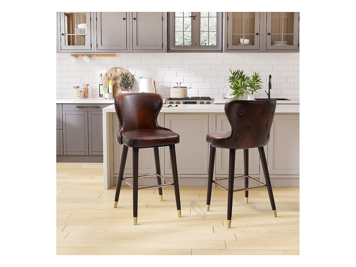 Barkruk set van 2, elegante bistrostoel met voetenbankje en rugleuning, PU bruin