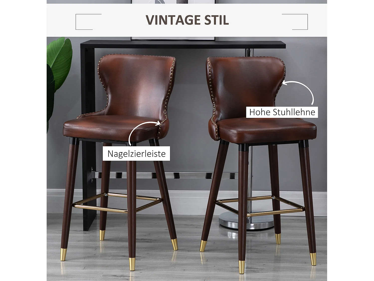 Barkruk set van 2, elegante bistrostoel met voetenbankje en rugleuning, PU bruin