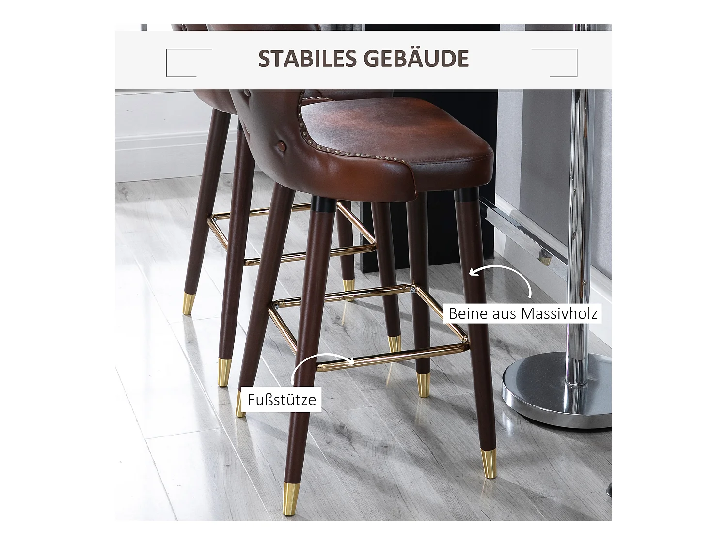 Barhocker 2er-Set, eleganter Bistrostuhl mit Fußstütze & Rückenlehne, PU Braun