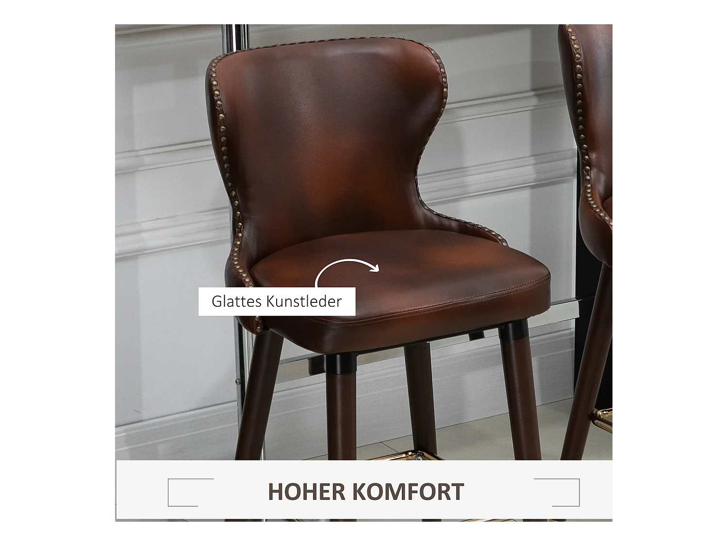 Barhocker 2er-Set, eleganter Bistrostuhl mit Fußstütze & Rückenlehne, PU Braun