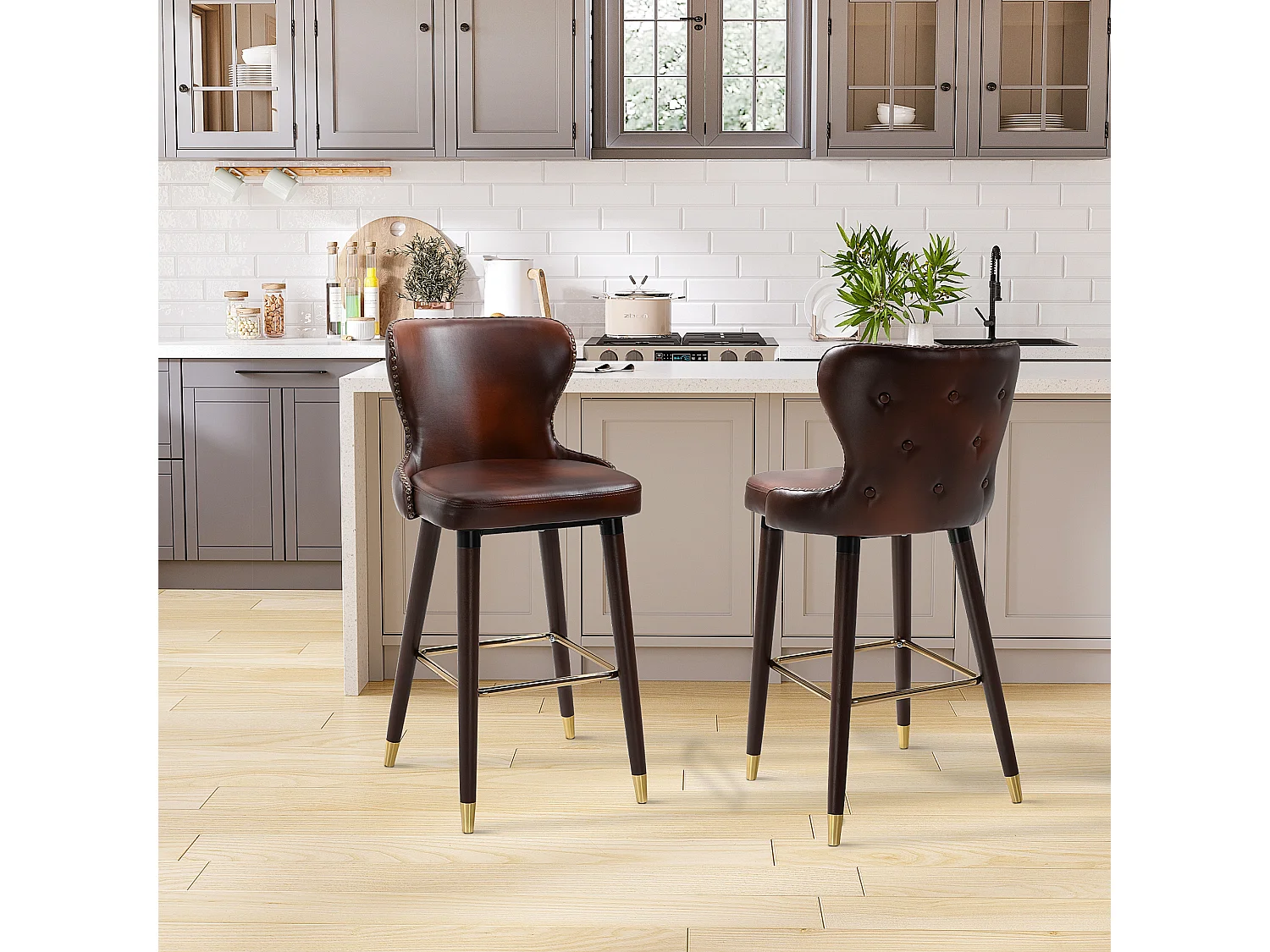 Set di 2 sgabelli da bar, elegante sedia da bistrot con poggiapiedi e schienale, PU marrone