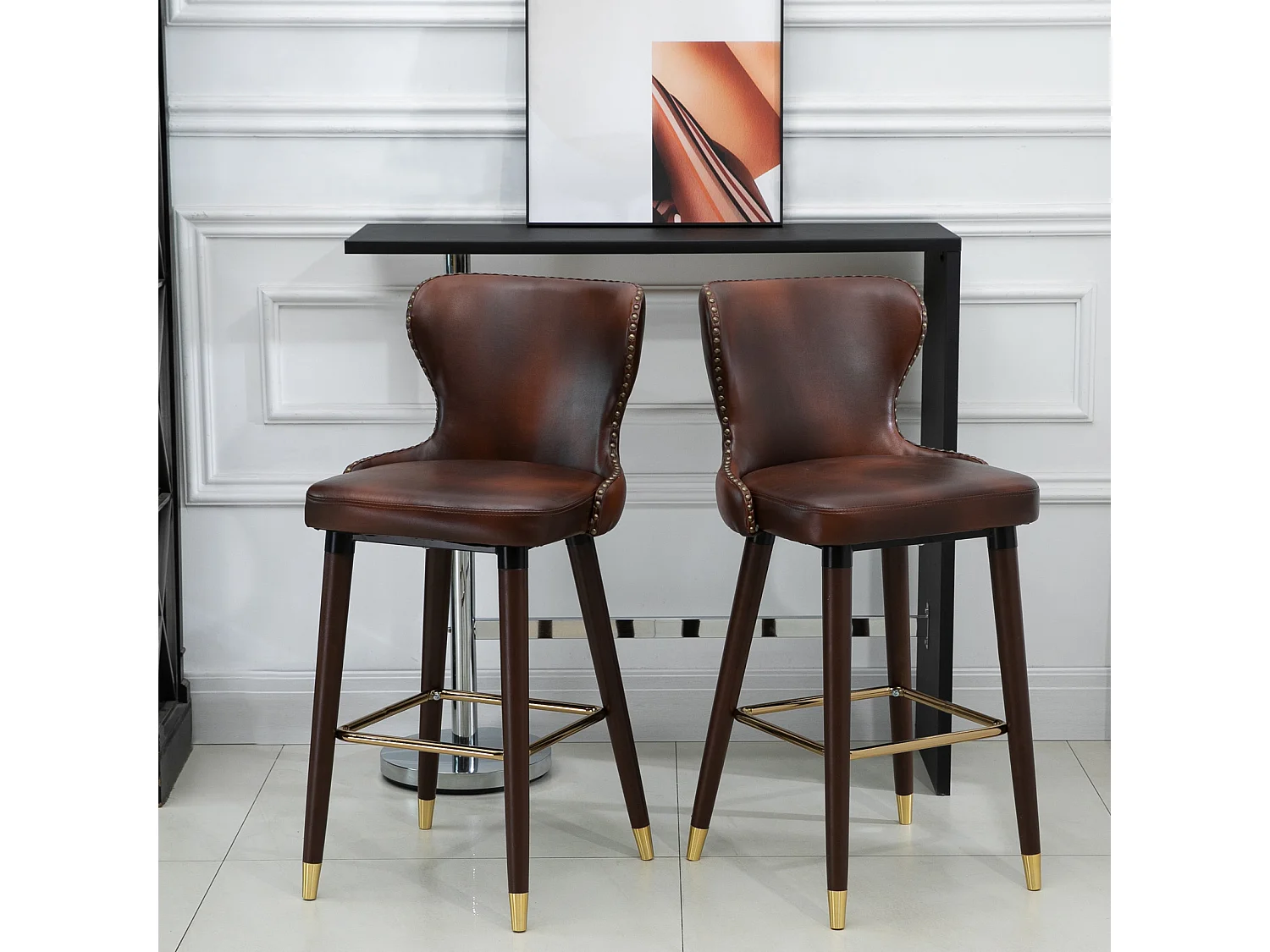 Set di 2 sgabelli da bar, elegante sedia da bistrot con poggiapiedi e schienale, PU marrone