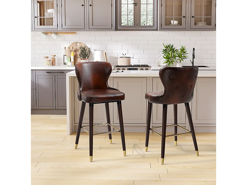 Lot de 2 tabourets de bar, élégante chaise de bistrot avec repose-pieds et dossier, PU marron