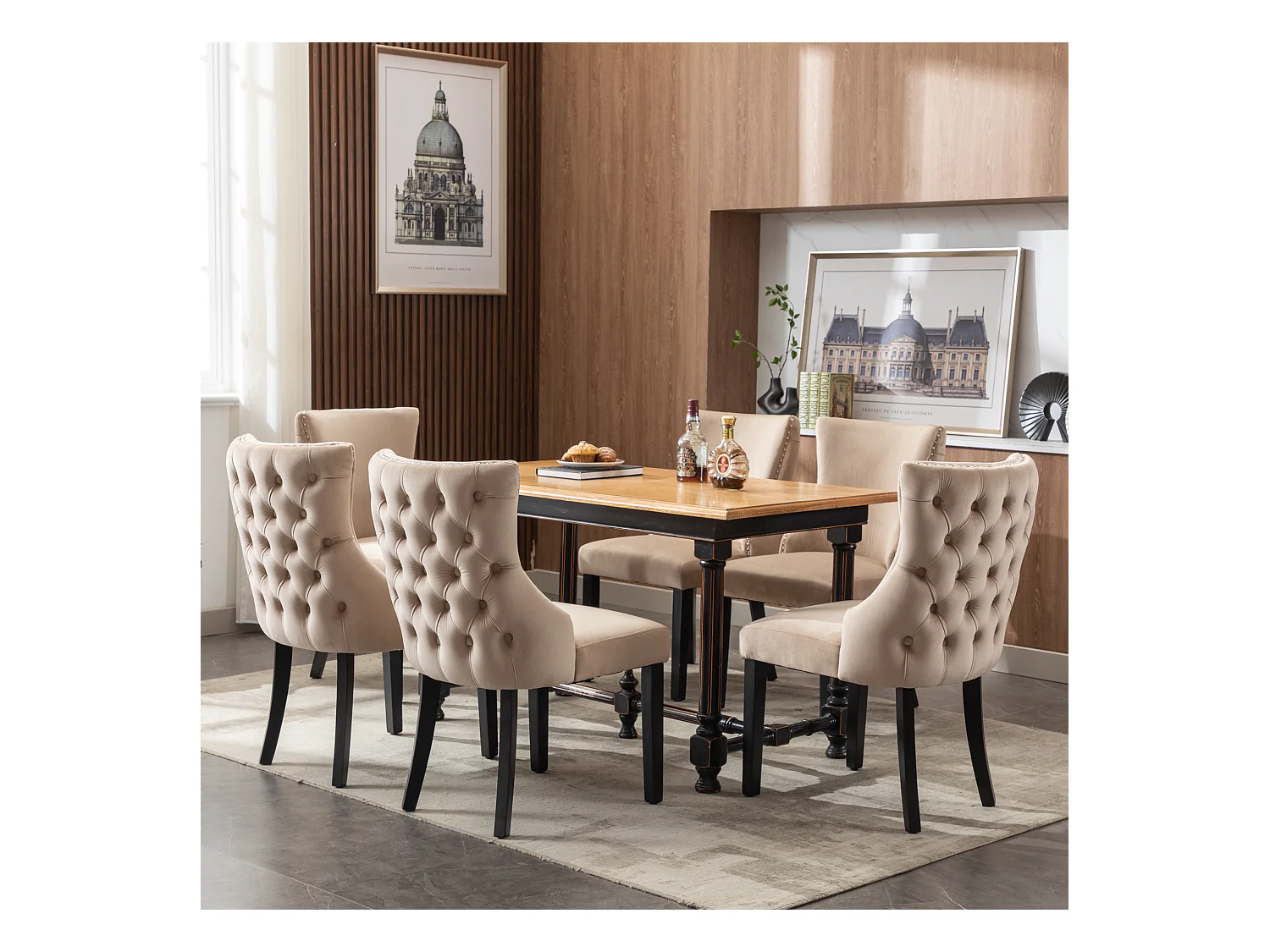 Juego 6 sillas gris/dorado terciopelo, respaldo con anillas y tachuelas. Patas acero dorado, asiento tapizado. Lujo contemporáneo.