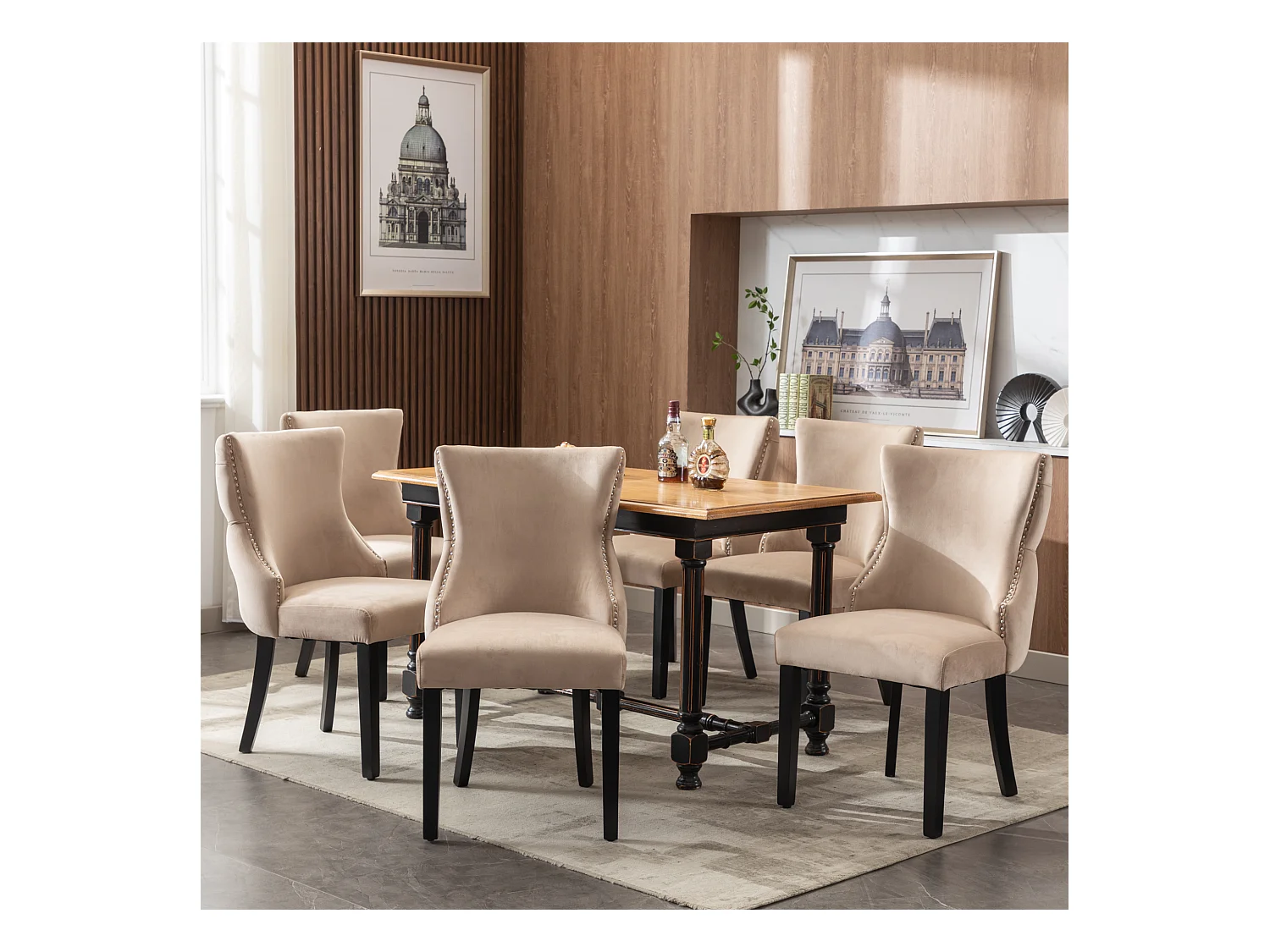 Juego 6 sillas gris/dorado terciopelo, respaldo con anillas y tachuelas. Patas acero dorado, asiento tapizado. Lujo contemporáneo.