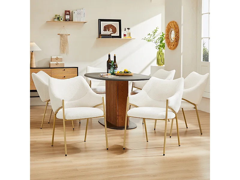 Set di 6 sedie da pranzo, poltrona, poltrona lounge, tessuto di peluche di agnello, cuscino del sedile spesso, beige