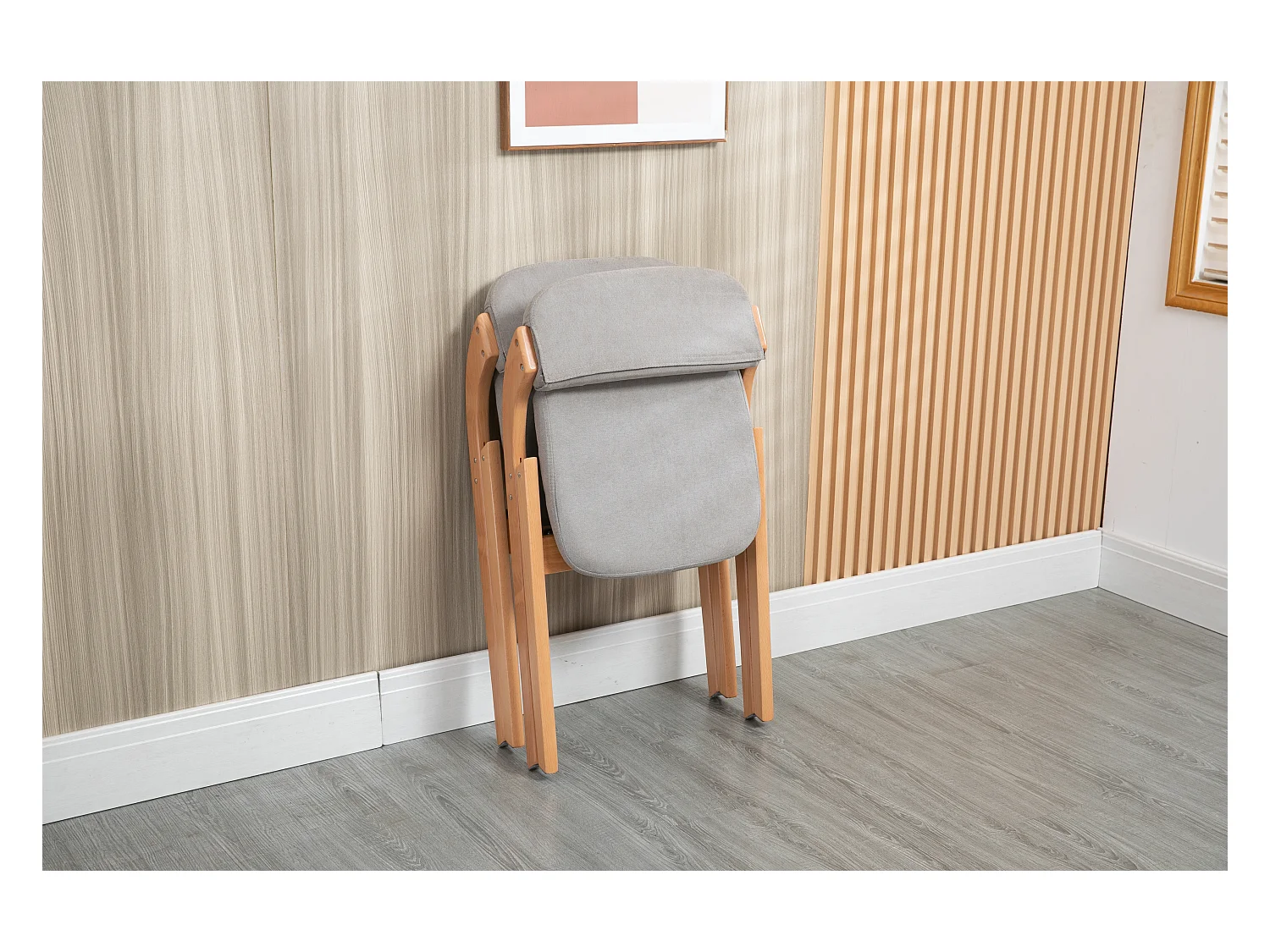 Klappstühle mit gepolsterten Sitz, 2er-Set, Holz stapelbare Esszimmerstühle, abnehmbarer Bezug,  Grau