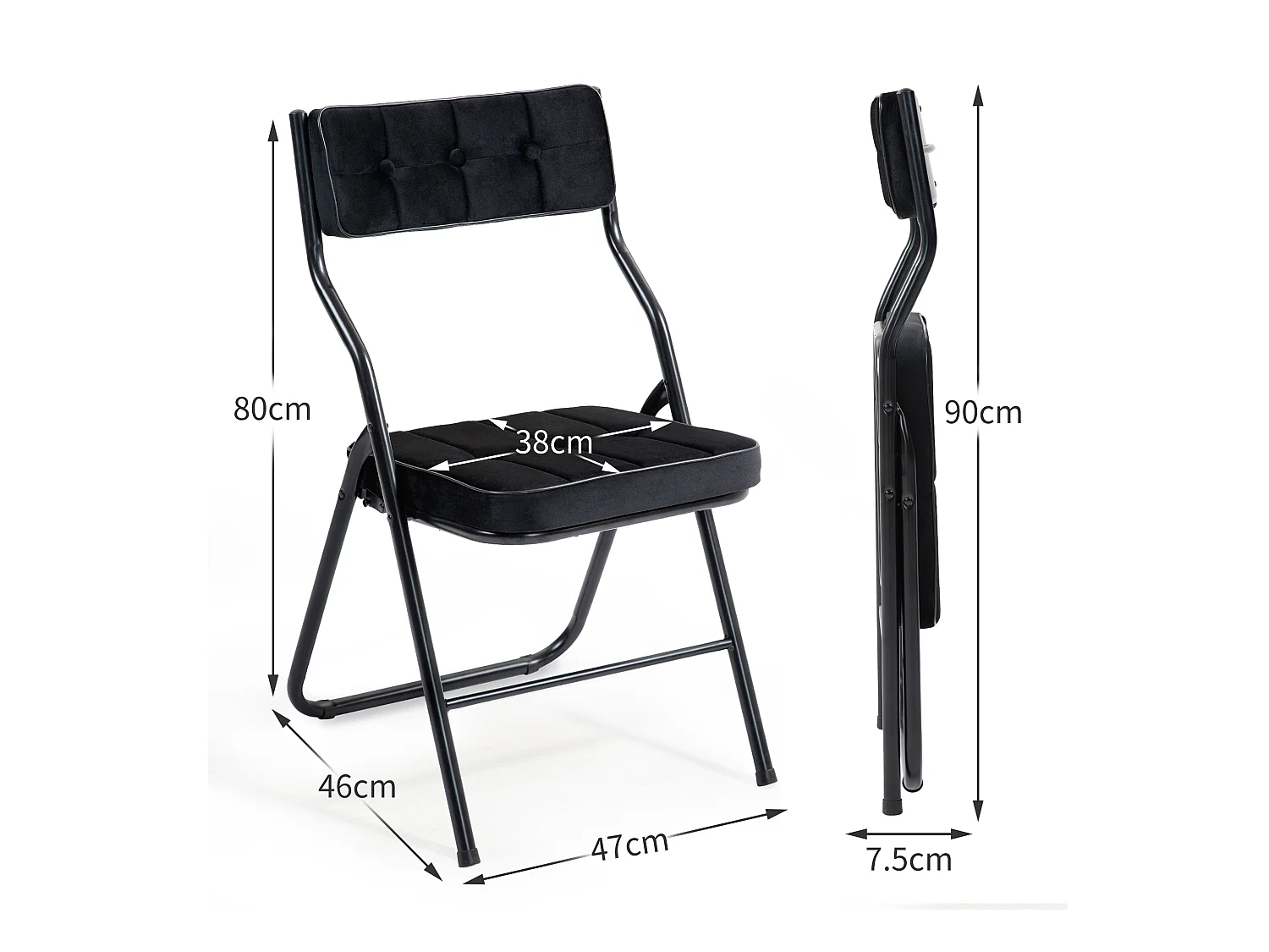 Lot de 2 chaises pliantes, chaises de salle à manger pliantes avec coussin, portables, pour invités, cuisine, bureau, noir