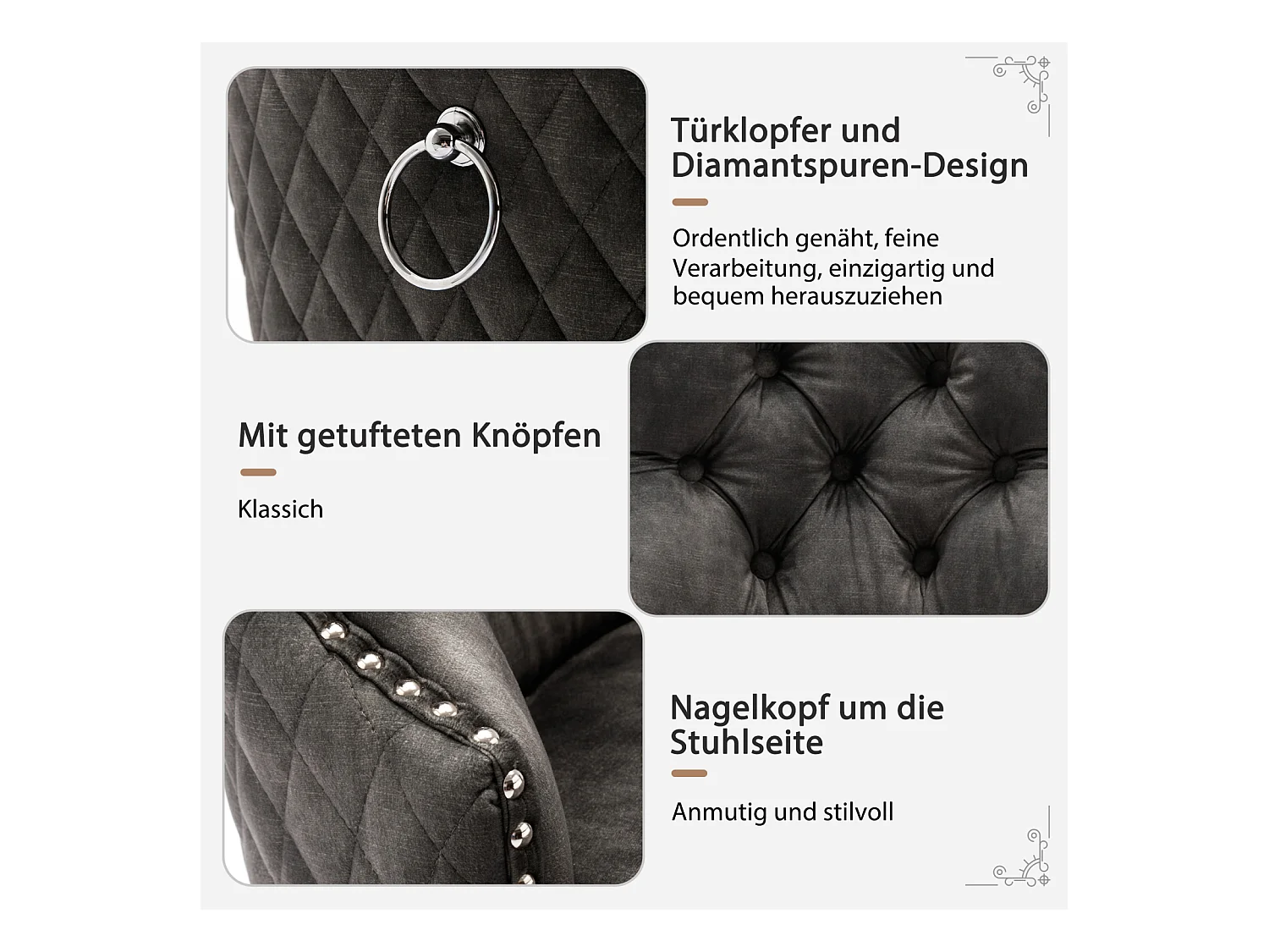 Esszimmerstuhl 6er-Set, Polsterstuhl mit Nagelkopfbesatz, Massivholz-Beinen, Samtbezug, grau, mit Türklopfer-Design