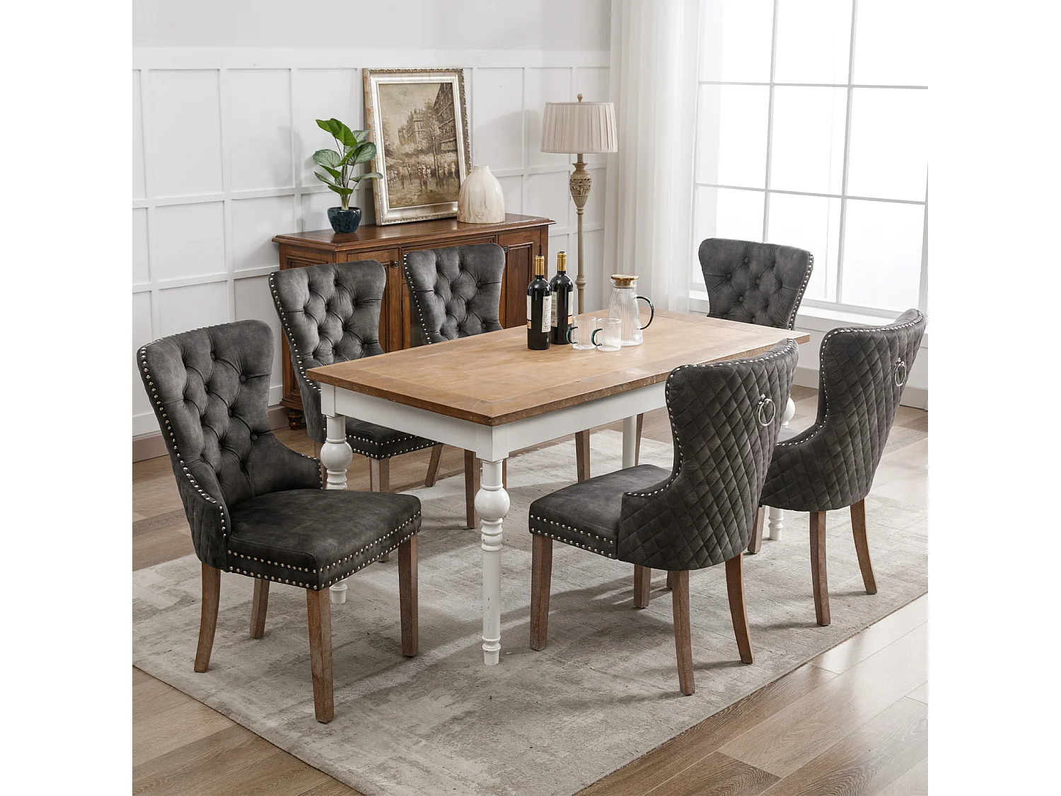 Ensemble de 6 chaises de salle à manger, chaise rembourrée avec garniture cloutée, pieds en bois massif, revêtement en velours, gris, avec motif heurtoir de porte