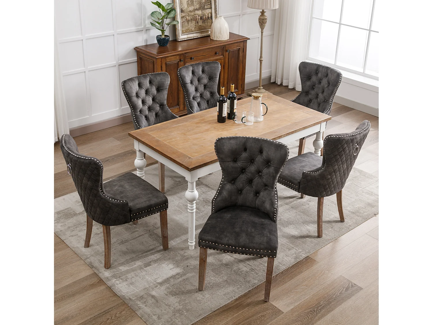 Ensemble de 6 chaises de salle à manger, chaise rembourrée avec garniture cloutée, pieds en bois massif, revêtement en velours, gris, avec motif heurtoir de porte