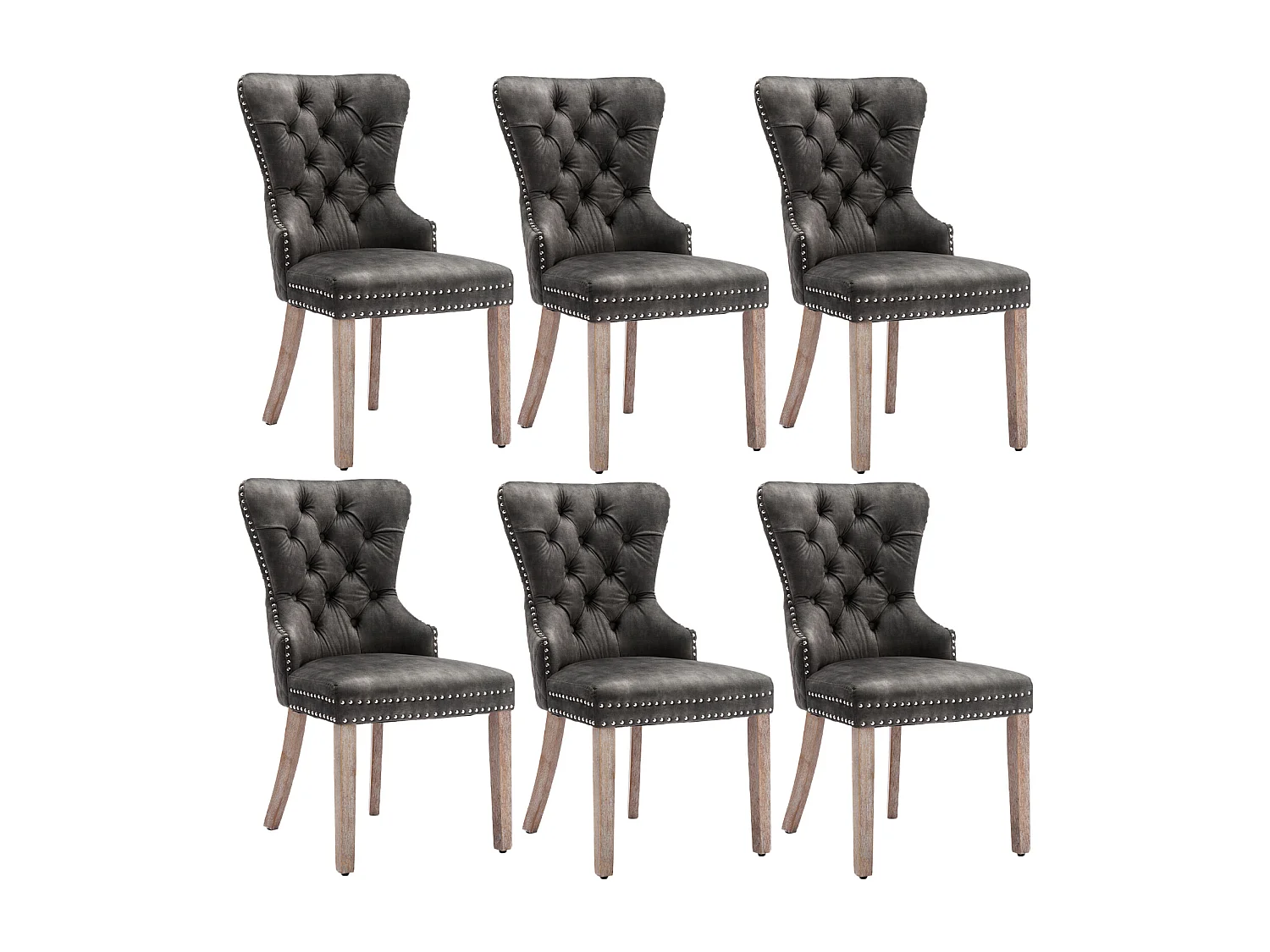 Ensemble de 6 chaises de salle à manger, chaise rembourrée avec garniture cloutée, pieds en bois massif, revêtement en velours, gris, avec motif heurtoir de porte