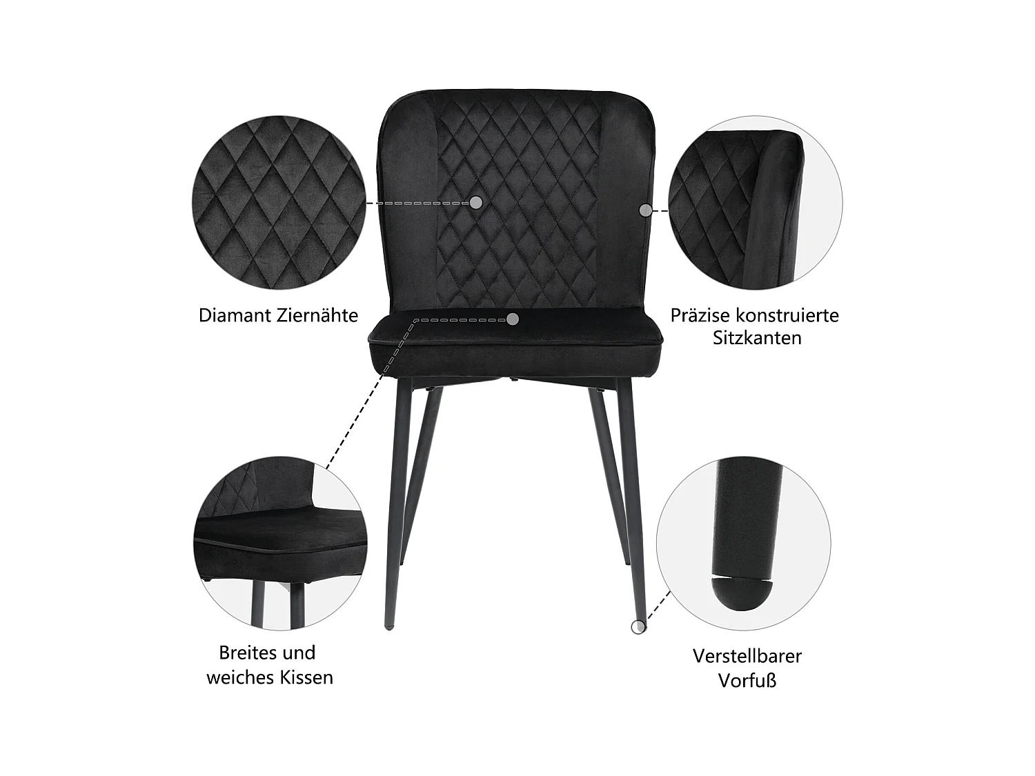 Lot de 2 chaises de salle à manger, noires, design de chaise rembourrée avec dossier, velours, structure en métal