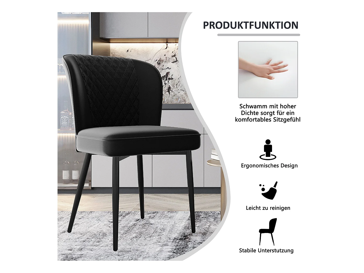 Lot de 2 chaises de salle à manger, noires, design de chaise rembourrée avec dossier, velours, structure en métal