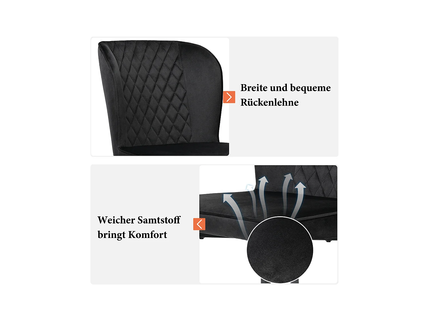 Lot de 2 chaises de salle à manger, noires, design de chaise rembourrée avec dossier, velours, structure en métal