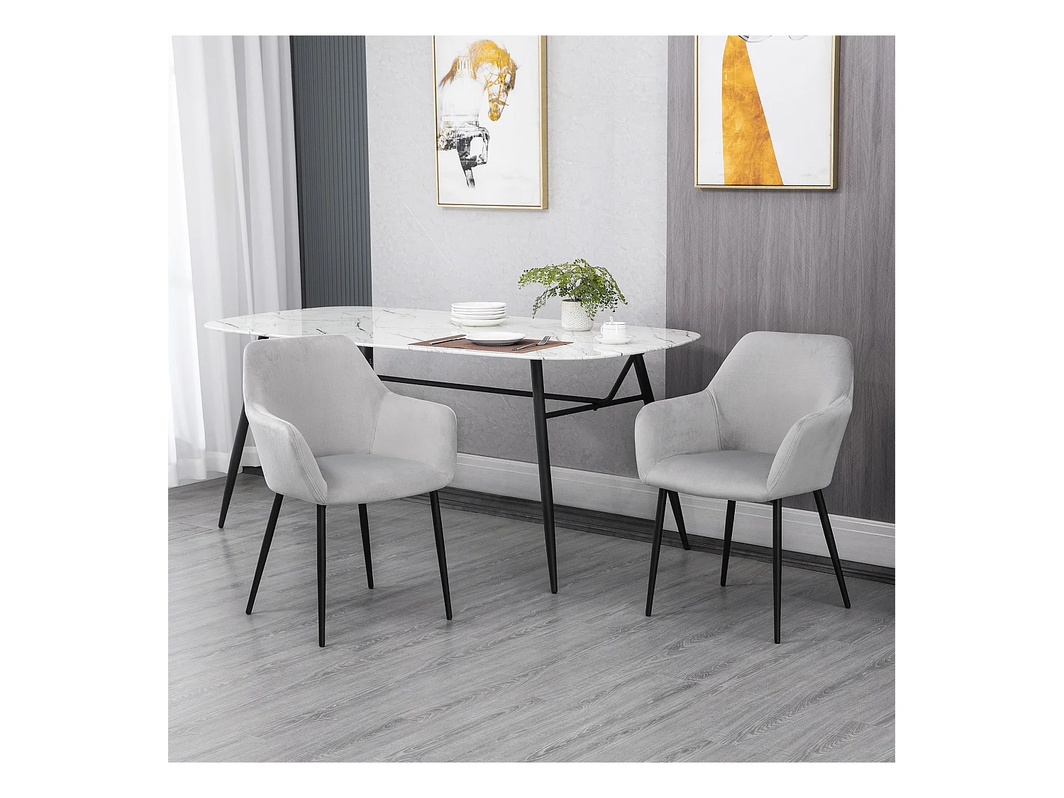 Set di 2 sedie da pranzo, sedia da cucina con schienale, sedia imbottita in effetto velluto, gambe in acciaio, grigio chiaro