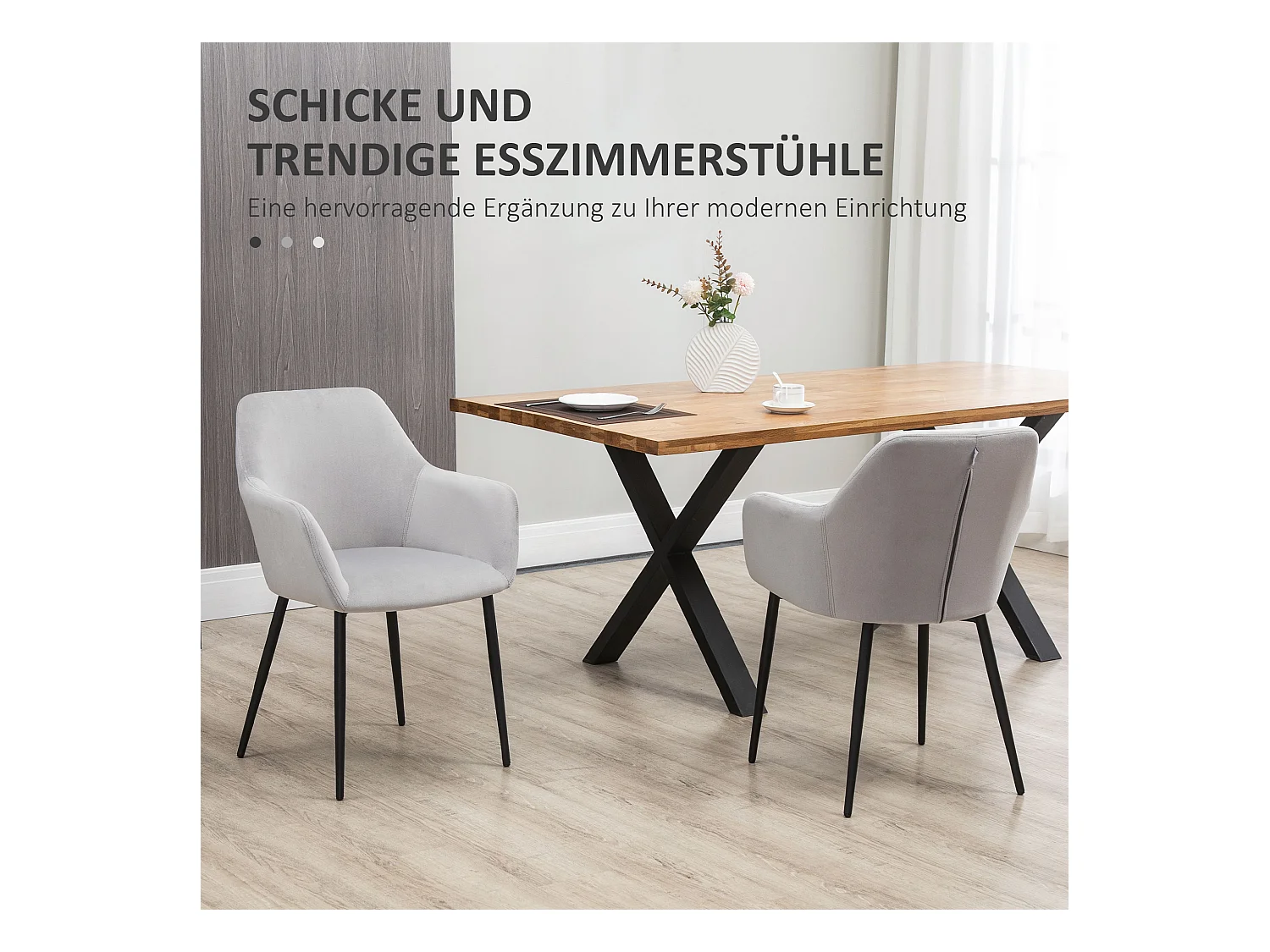 Set di 2 sedie da pranzo, sedia da cucina con schienale, sedia imbottita in effetto velluto, gambe in acciaio, grigio chiaro