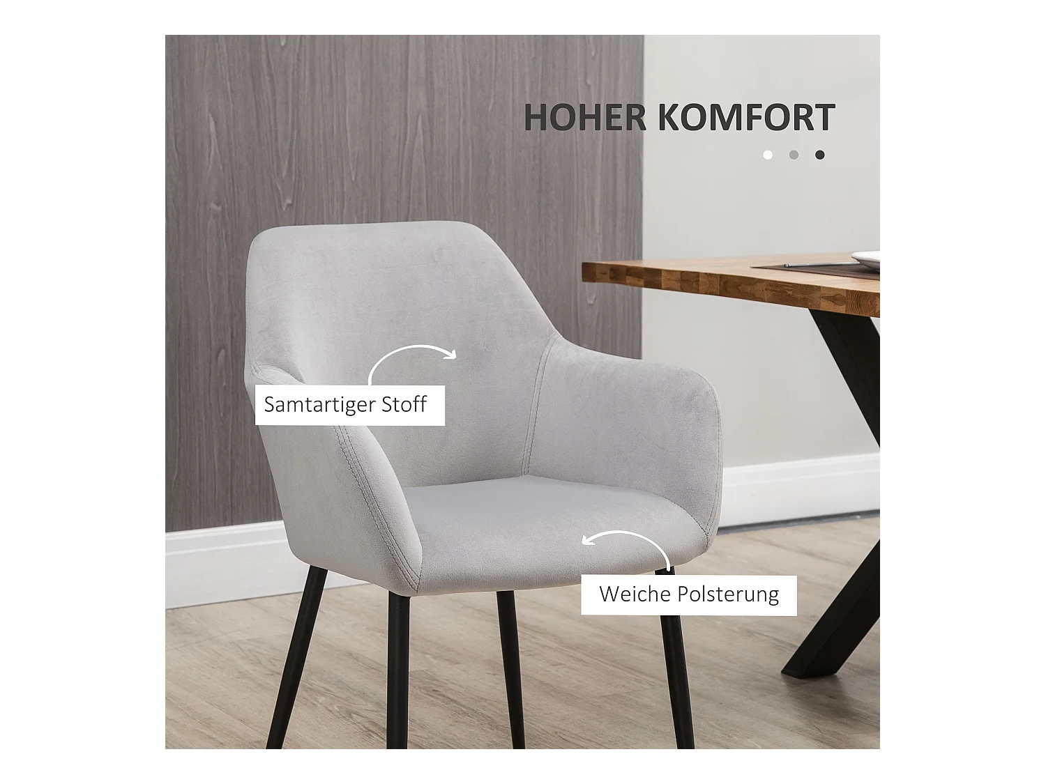 Set di 2 sedie da pranzo, sedia da cucina con schienale, sedia imbottita in effetto velluto, gambe in acciaio, grigio chiaro