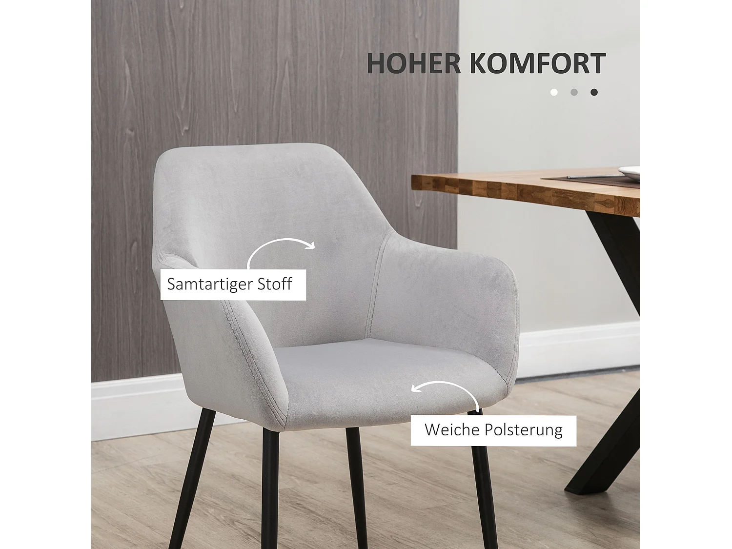 Lot de 2 chaises de salle à manger, chaise de cuisine avec dossier, chaise rembourrée aspect velours, pieds en acier, gris clair