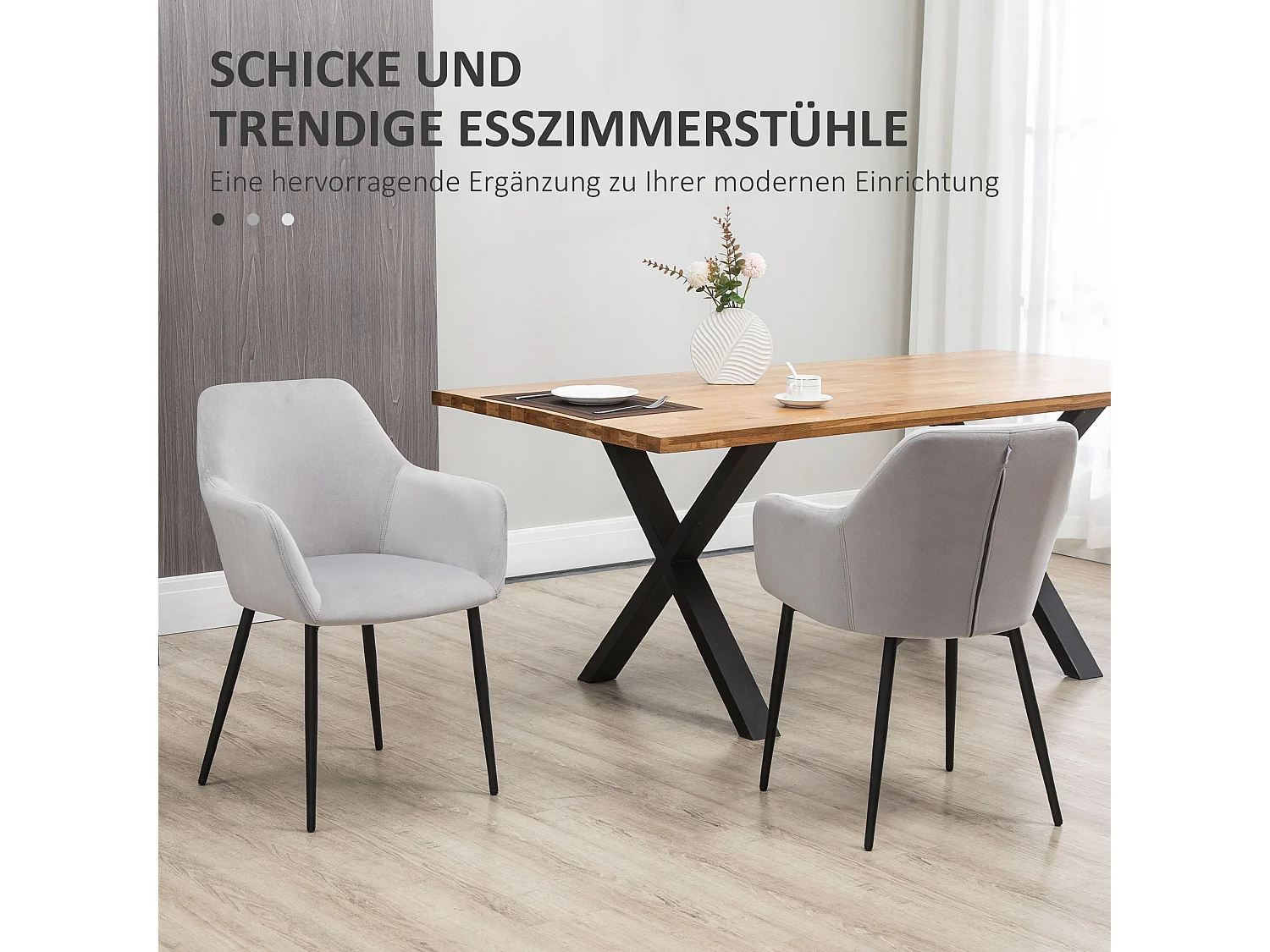 Lot de 2 chaises de salle à manger, chaise de cuisine avec dossier, chaise rembourrée aspect velours, pieds en acier, gris clair
