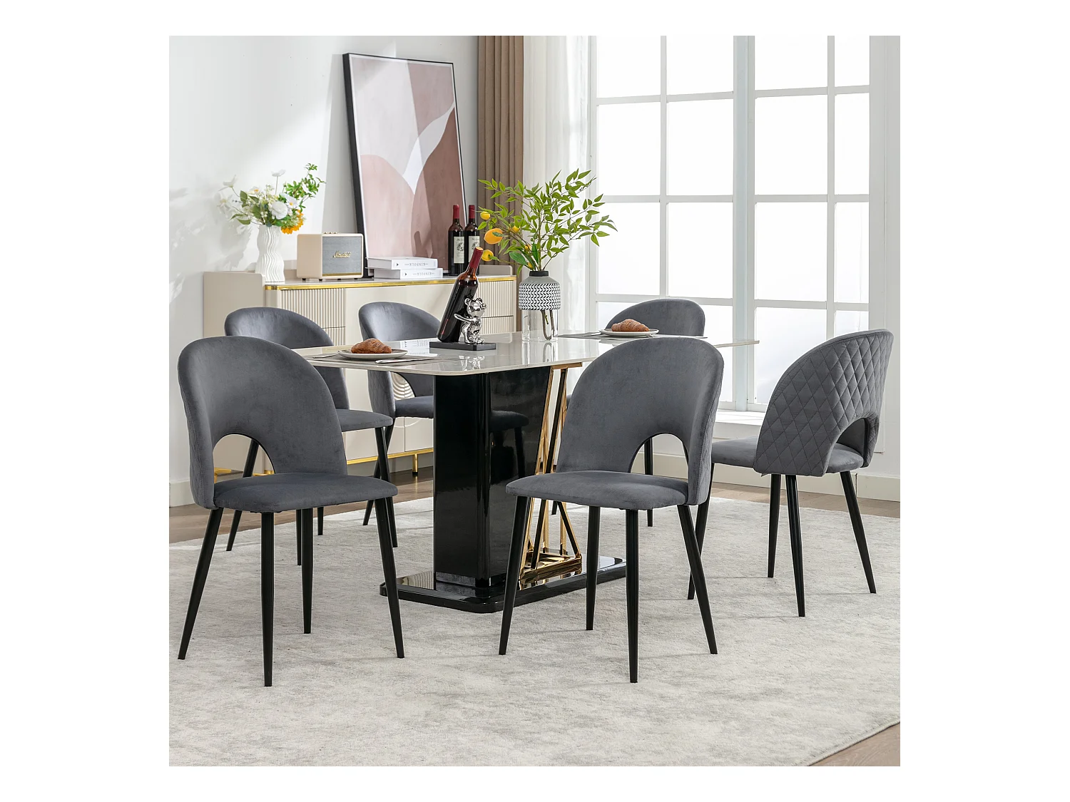 Conjunto de 6 cadeiras de jantar, design estofado com encosto, veludo, estrutura de metal, pés ajustáveis, padrão diamante, cinza