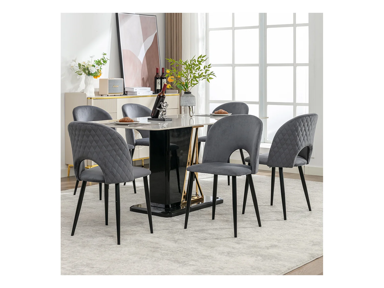 Conjunto de 6 cadeiras de jantar, design estofado com encosto, veludo, estrutura de metal, pés ajustáveis, padrão diamante, cinza