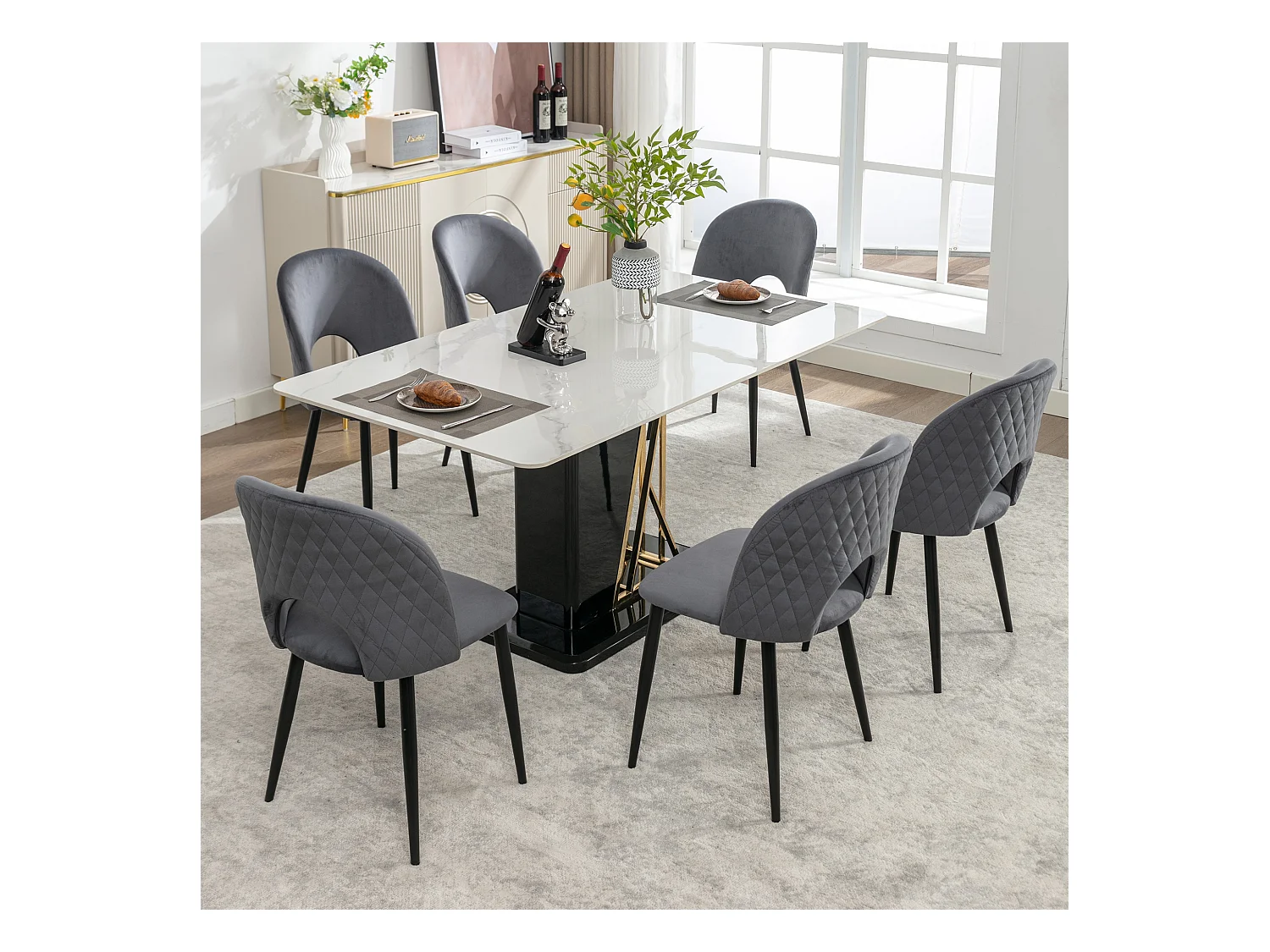 Conjunto de 6 cadeiras de jantar, design estofado com encosto, veludo, estrutura de metal, pés ajustáveis, padrão diamante, cinza