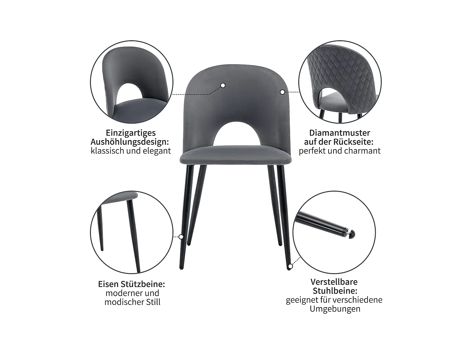 Conjunto de 6 cadeiras de jantar, design estofado com encosto, veludo, estrutura de metal, pés ajustáveis, padrão diamante, cinza