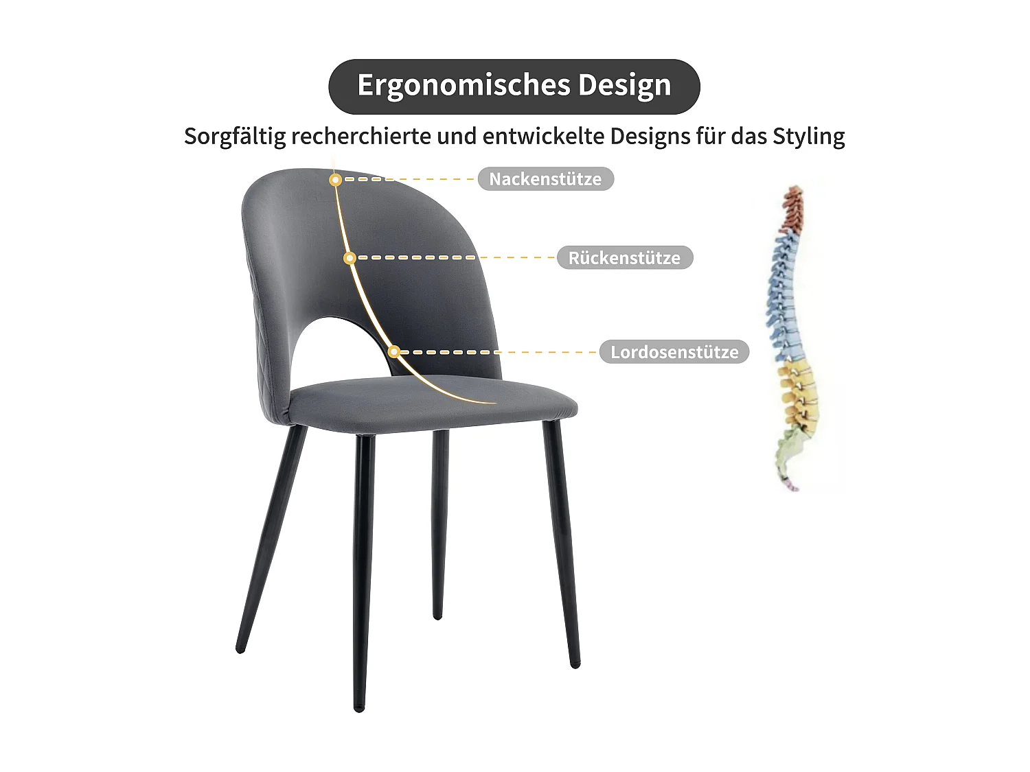 Ensemble de 6 chaises de salle à manger, design rembourré avec dossier, velours, structure en métal, pieds réglables, motif losange, gris